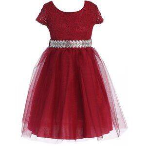 Cap Sleeve Lace Top Tulle Shiny Stone Belt Easter Graduation Flower Girl Dress